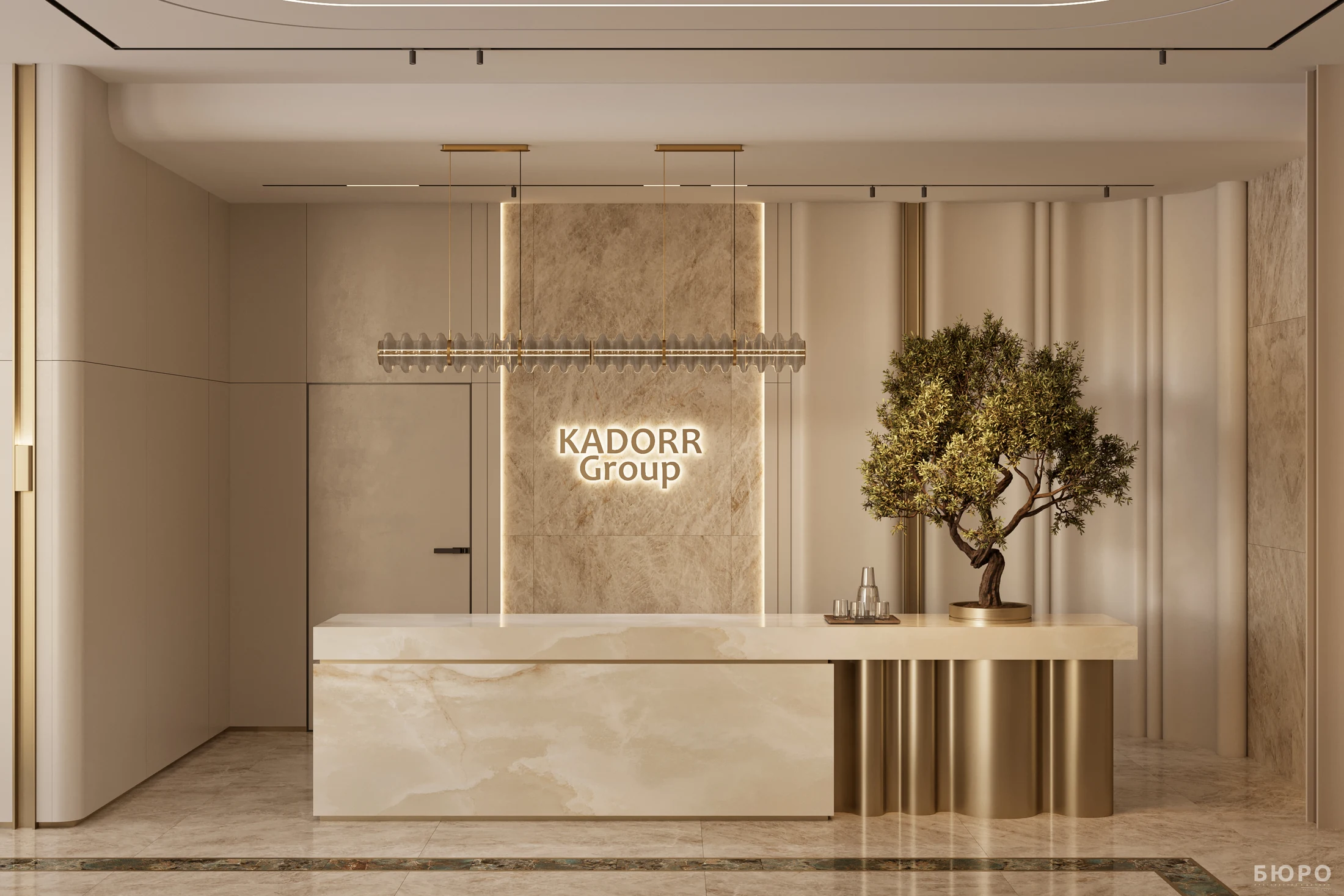 Стойка ресепшен KADORR Group в отделке из светлого камня и бронзы